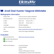 “Anali Gazi Husrev-begove biblioteke” indeksirani u ERIH PLUS bazi