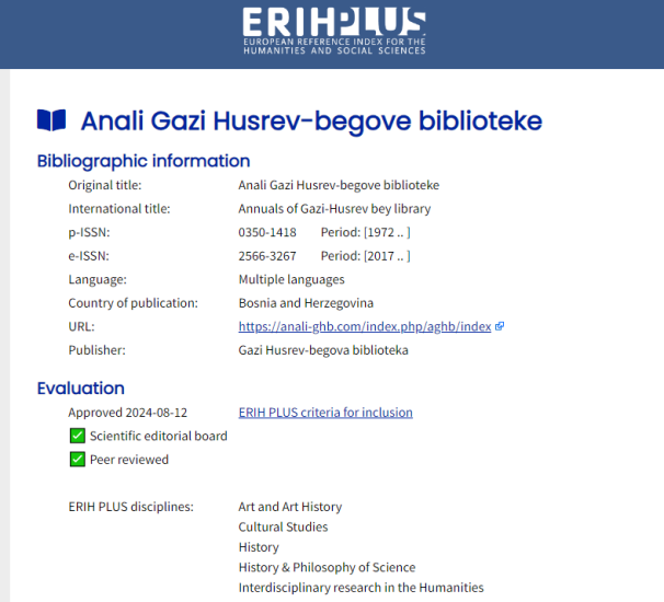 “Anali Gazi Husrev-begove biblioteke” indeksirani u ERIH PLUS bazi